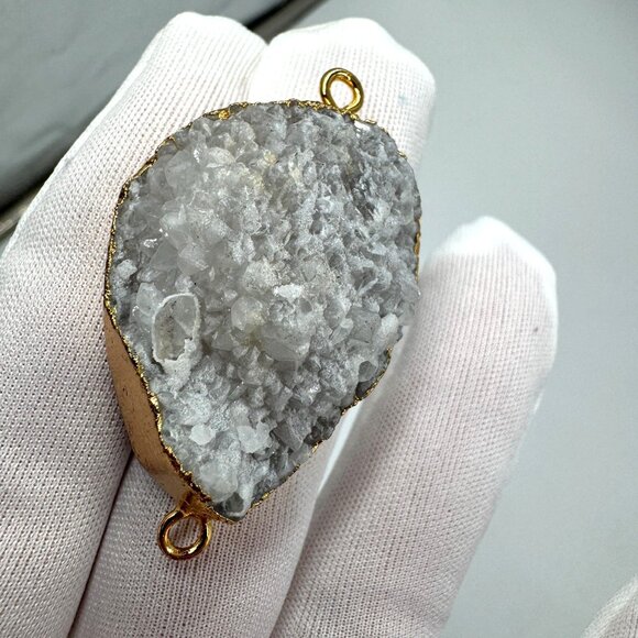 Smoke White Druzy Agate Geode Pendant 18K Gold Plated Boho Healing Crystal - Picture 14 of 16